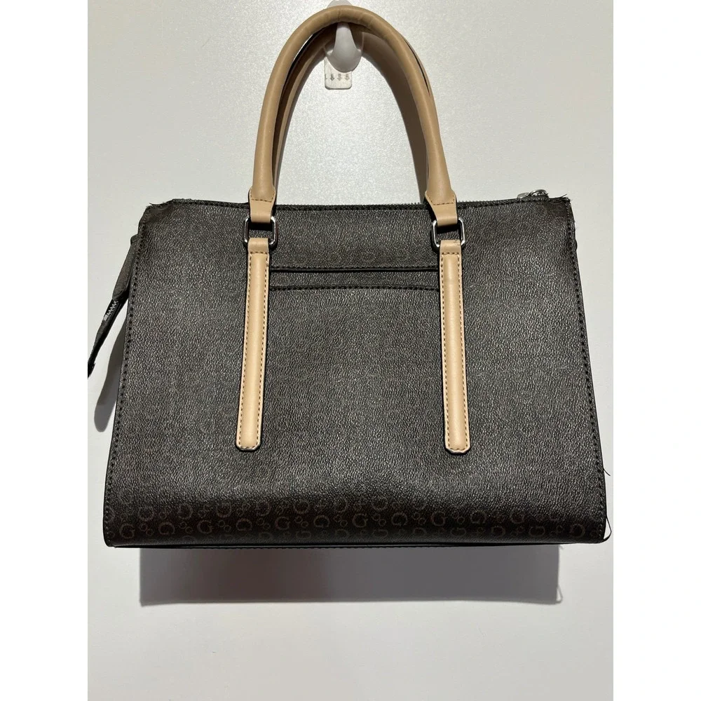 GUESS Brown Monogram Logo Satchel Handbag Tan Handles Structured‎ Zip Top Bag